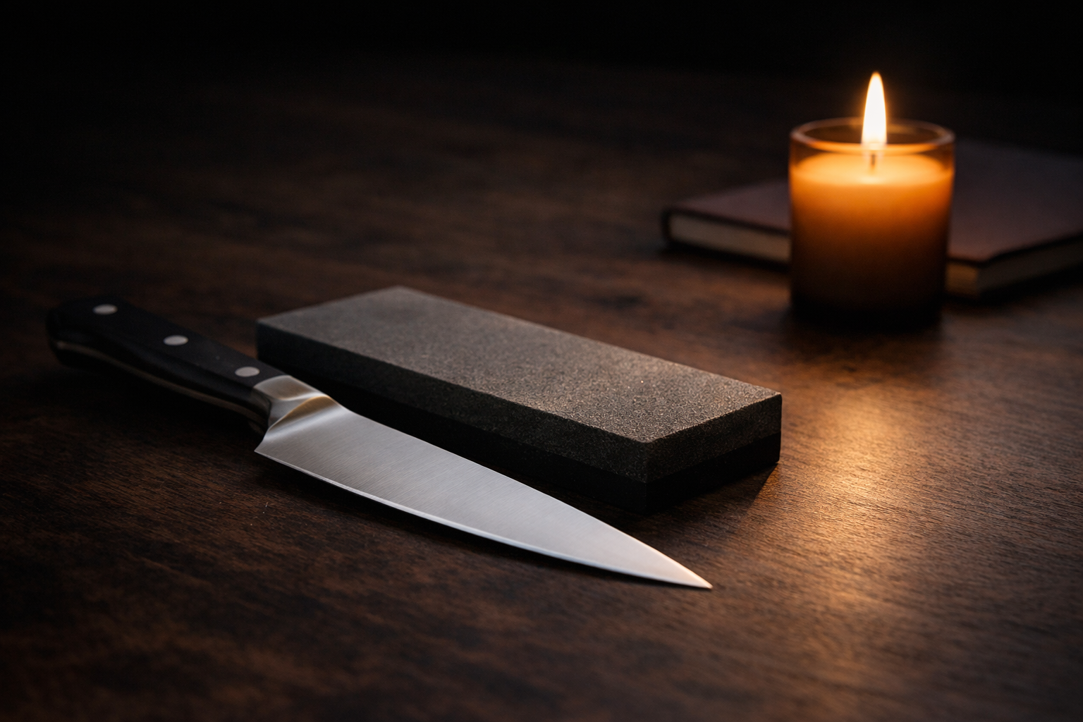 A sharp knife rests beside a whetstone on a dark wooden surface, lit by the soft glow of a nearby candle and a closed notebook. The scene symbolizes misunderstood intensity—how focused power, when refined, becomes a strength rather than something to suppress.