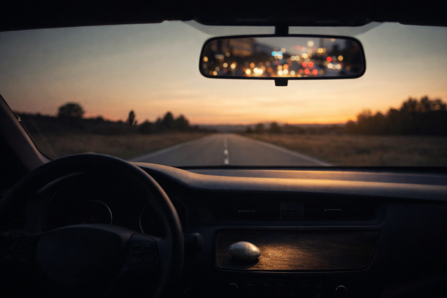 A calm view from inside a car at dusk shows an open, empty road ahead, while the rearview mirror reflects a blurred, chaotic cityscape. A smooth stone rests on the dashboard, symbolizing grounding and observer awareness—the shift from reactivity to calm, present focus.