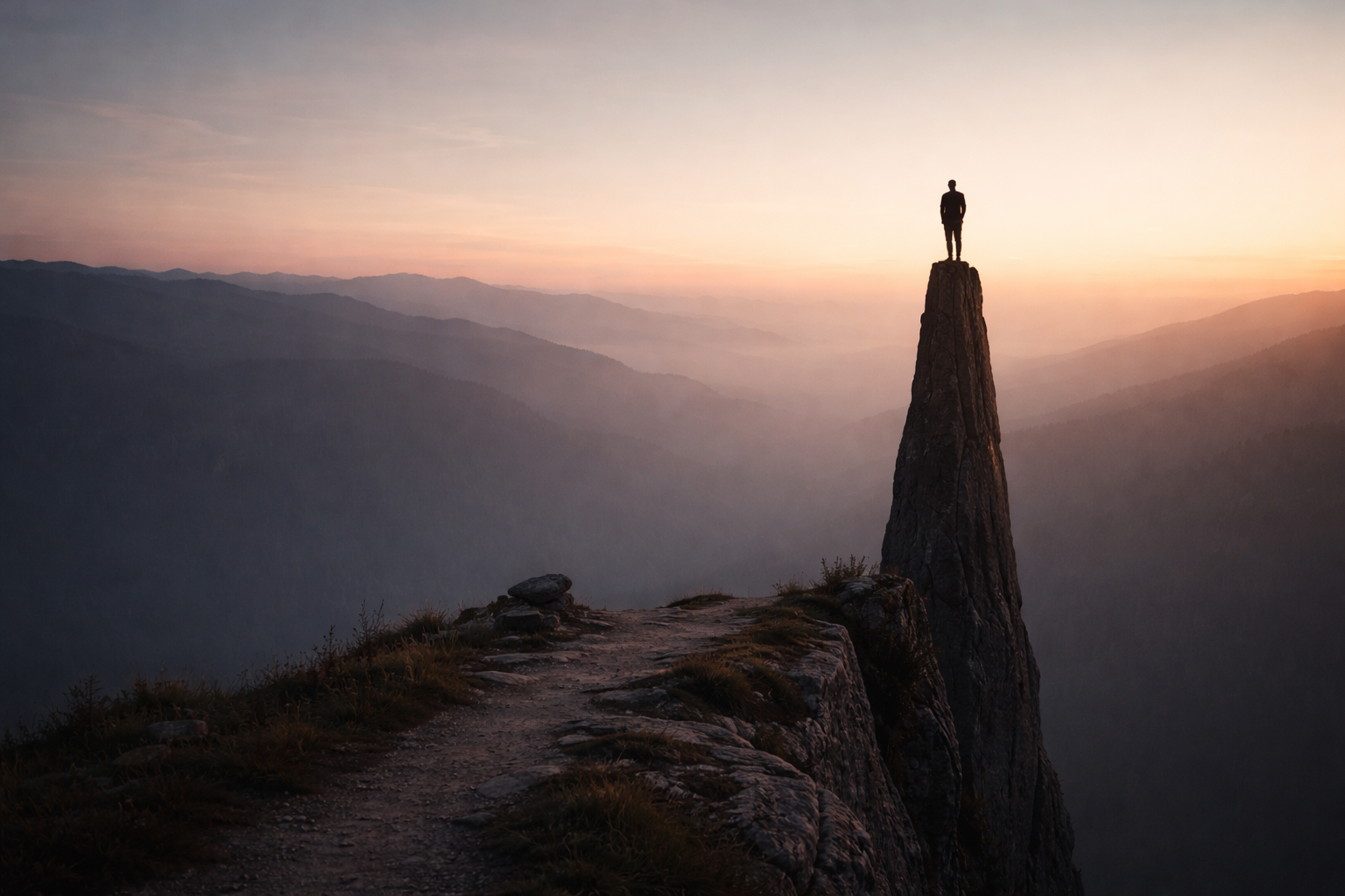 A distant figure stands alone atop a narrow pole at dawn, gazing out over an empty horizon. The foreground shows a winding path ending at the edge, symbolizing the myth of arrival—the illusion that reaching the top brings fulfillment for driven individuals.