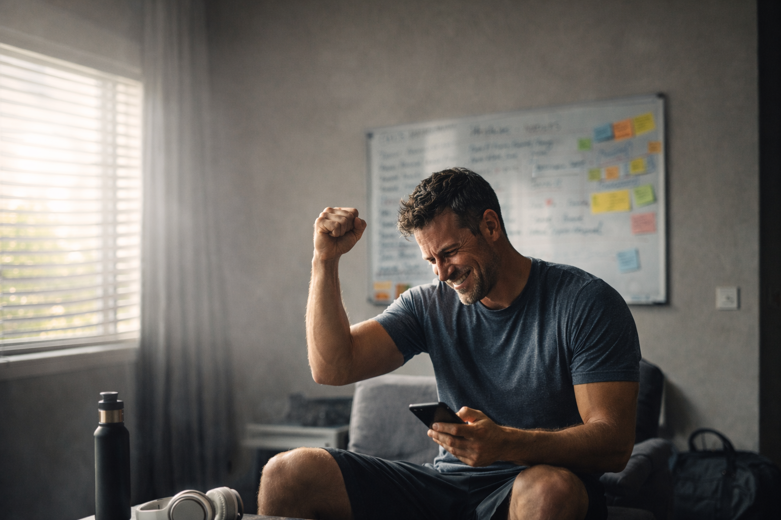 A fit, middle-aged man celebrates a small personal win while seated in a sunlit living room, surrounded by goal-setting tools like a journal, water bottle, and whiteboard — symbolizing a breakthrough in overcoming shame-based goal setting.