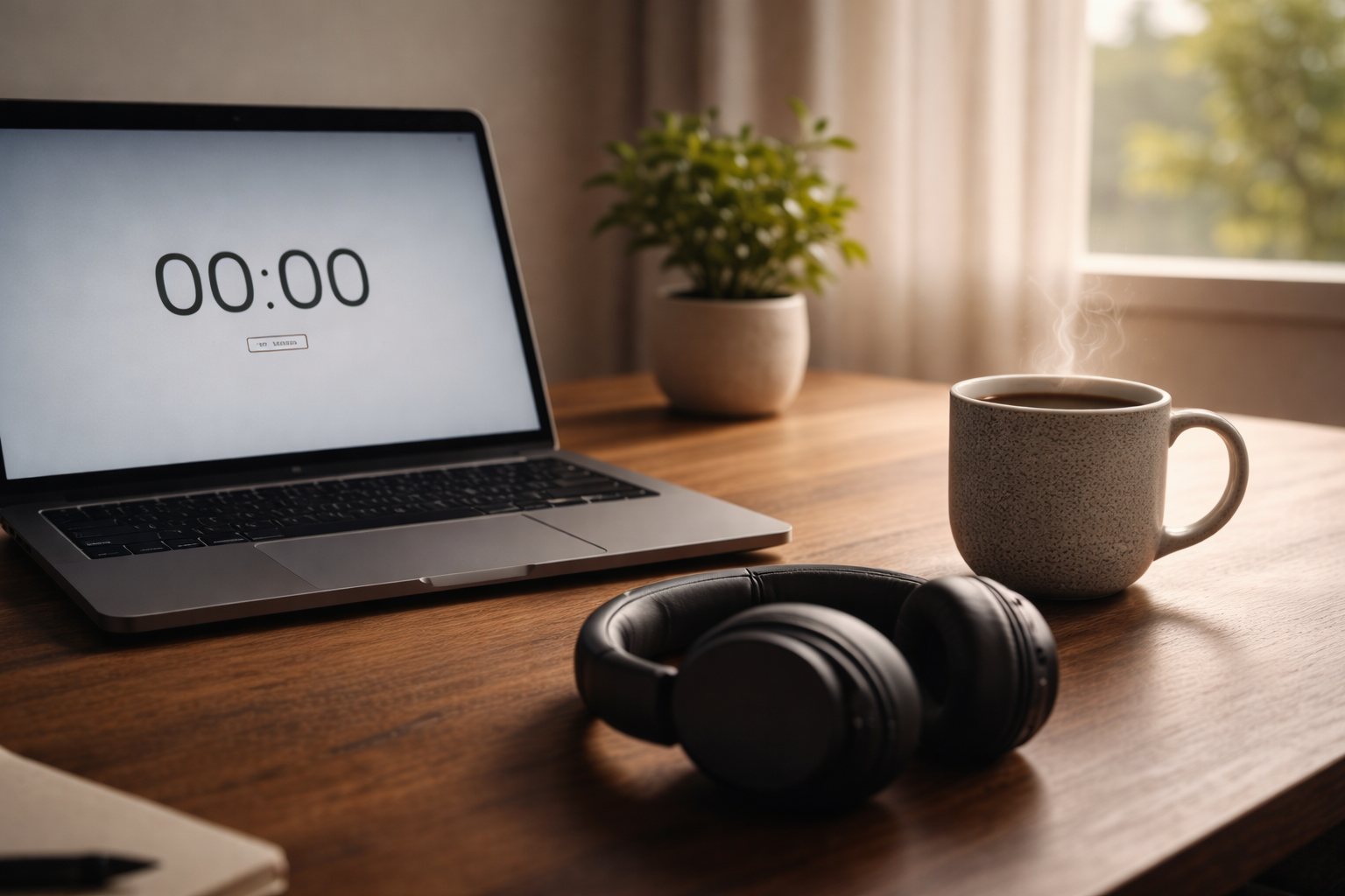 A minimalist workspace with a paused digital timer, a steaming mug of tea, and noise-canceling headphones, lit by soft natural light. A small plant near the window adds a grounding touch, symbolizing nervous system regulation through presence and intentional stillness—not productivity.