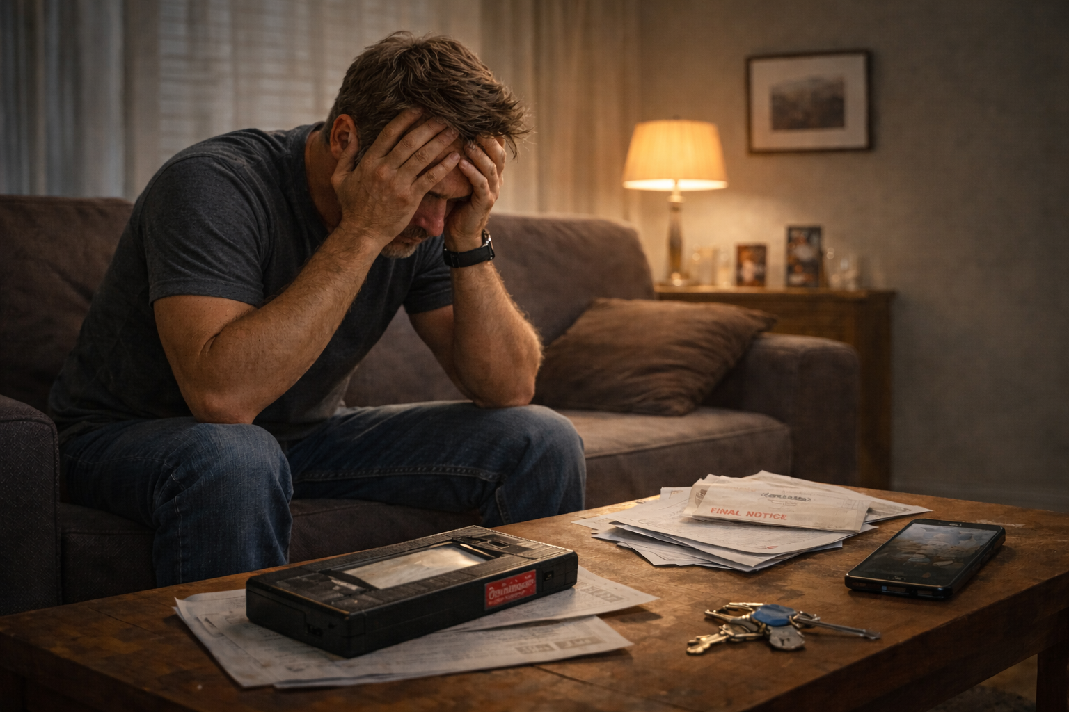 A stressed man sits on a couch with his head in his hands, surrounded by overdue mail, a VHS tape, and a smartphone on the coffee table. The image captures the emotional weight of avoidance and overwhelm, visually representing the self-sabotage loop triggered by small, delayed tasks.