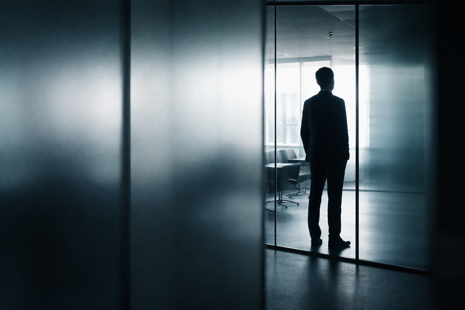 A driven individual seen through frosted glass in a quiet office, representing the experience of being misunderstood, intense, and out of place in the wrong room.
