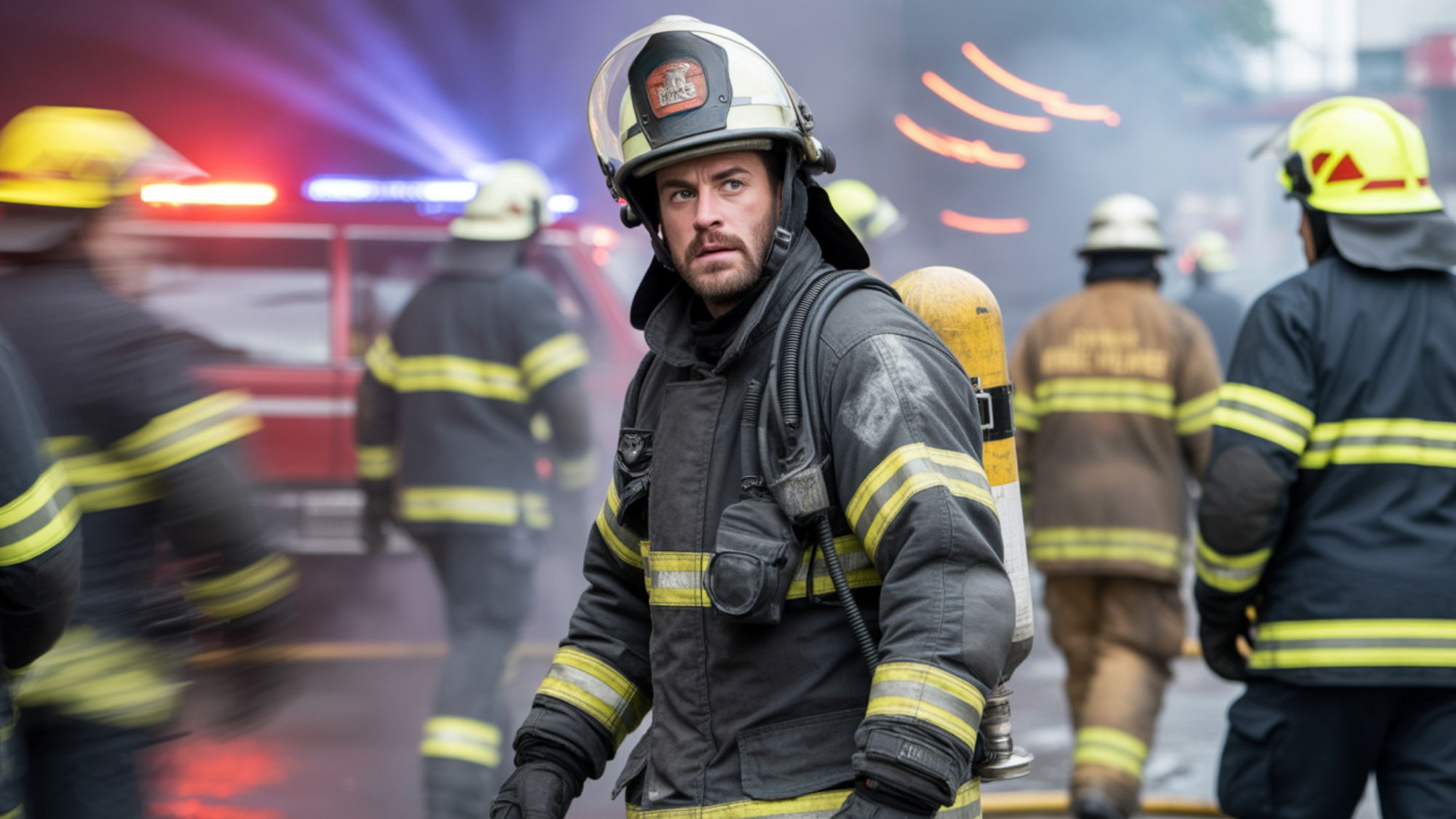 Firefighter standing calm and focused amid an active emergency scene, illustrating how urgency-based work helps ADHD brains perform with clarity
